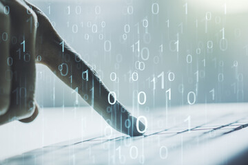Aufkleber - Creative concept of binary code illustration and hands typing on laptop on background. Big data and coding concept. Multiexposure