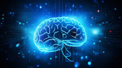 Wall Mural - Human brain on neon glowing digital cyber technology background.