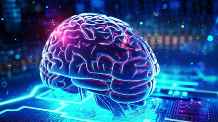 Wall Mural - Human brain on neon glowing digital cyber technology background.