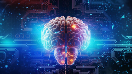 Wall Mural - Human brain on neon glowing digital cyber technology background.