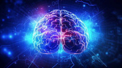 Wall Mural - Human brain on neon glowing digital cyber technology background.