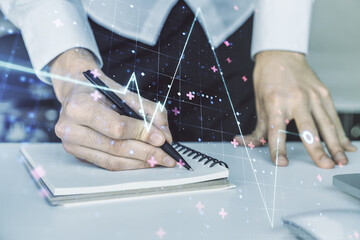 Poster - Creative abstract heart pulse hologram and hand writing in diary on background with laptop, online medical consulting concept. Multiexposure