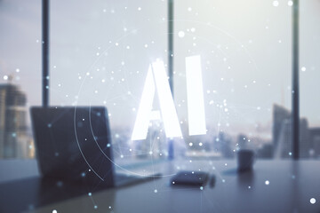 Poster - Creative artificial Intelligence symbol concept and modern desktop with computer on background. Multiexposure