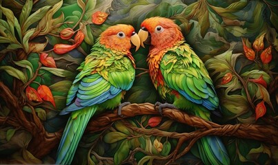  a painting of two parrots sitting on a branch in a tree.  generative ai