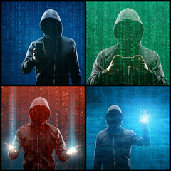 Wall Mural - Wanted Hacker is Coding Virus Ransomware Using Abstract Binary Code. Concept of Cyberattack, System Breaking and Malware. Abstract background.