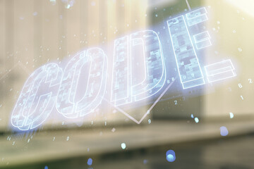 Aufkleber - Code word hologram on modern business center exterior background, artificial intelligence and neural networks concept. Multiexposure