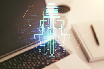 Poster - Creative idea concept with light bulb and microcircuit illustration on modern laptop background. Neural networks and machine learning concept. Multiexposure