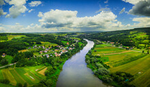 Panorama Of San River Valley Near Dynow. Podkarpackie Voivodeship. Summer Nature Landscape. Drone View. Poland, A Beautiful Polish Landscape. 