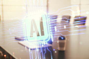 Aufkleber - Double exposure of creative artificial Intelligence icon with modern laptop on background. Neural networks and machine learning concept