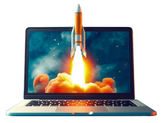 Digital illustration of laptop and rocket, PNG transparent background. Generative AI