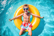 overjoyed laughing smiling exited child in swimming pool floating on swimming ring, Little girl having fun on family summer vacation in tropical hotel resort, tourism, generative ai.