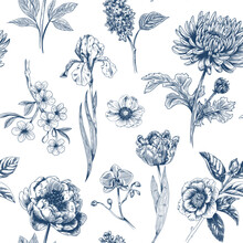 Abstract Modern Floral Seamless Pattern With Hand Drawn Flower In Toile De Jouy Style. Retro Elegance Repeat Print. Vintage Design For Fabric, Wallpaper Or Wrapping