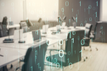 Aufkleber - Abstract virtual binary code hologram on a modern furnished classroom background, AI and machine learning concept. Multiexposure