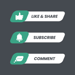 Fototapete - Call to action button sets, like and share, subscribe, comment. Unique icon and text in green and white color fill. Design element vector template in trendy flat style. Editable for many purposes