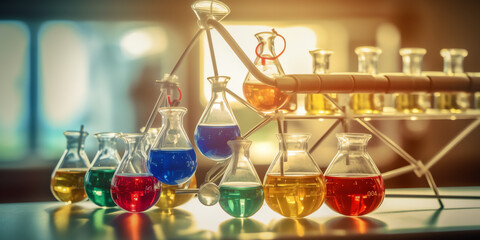 Poster - Generative AI : Empty glass reagent bottles in chemical laboratory. Selective focus.