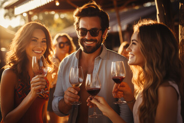 Wall Mural - Vineyard Celebration: A Happy Group of Friends Embraces the Joy of Wine Tasting, Marking Moments of Friendship, Toasts, Celebration, and Engagement in a Picturesque Vineyard.

