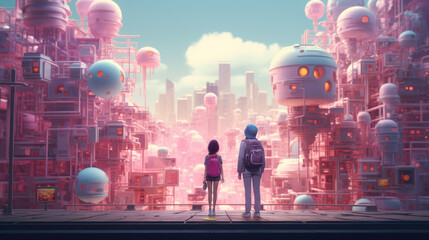 Two characters are standing in a virtual city AI Generative