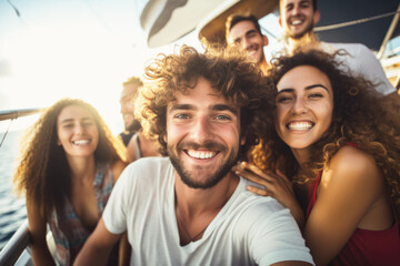 Wall Mural - Group of mix race young people having a party on the luxury yacht