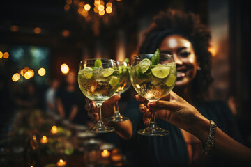 Wall Mural - Cheers to Friendship: Multiple Ladies Pointing to Glasses of Alcohol, Toasting Cocktails at a Vibrant Bar in a moment of Celebration
