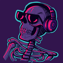 Illustration Of A Neon Skull Wearing Sunglasses And Headphones. Vector Of A Dark Skeleton Under UV Lights Listening To Music