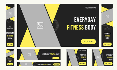 Wall Mural - Set of creative body fitness web banner template design for social media posts, polygonal vector shape eps file format, fully customizable banner template design