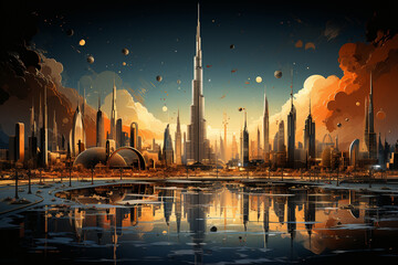 Poster - In this abstract representation, the Burj Khalifa is transformed into a symphony of abstract patterns and textures. The image showcases intricate details,  Generative AI technology.