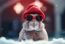 Rabbit In Santa Claus Hat And Sunglasses, Christmas Holiday. Generative AI