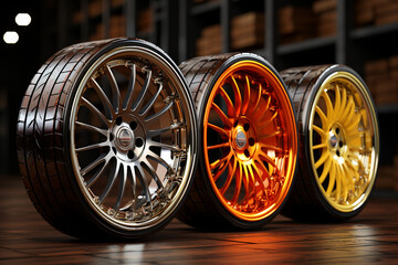 Poster - A macro shot of a car wheel, capturing the fine details and textures of the material, such as the glossy finish, metallic accents, and embossed logos.  Generative AI technology.