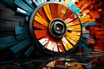 Poster - An abstract digital artwork inspired by a car wheel, featuring a mix of geometric shapes and textures in vibrant colors.  Generative AI technology.