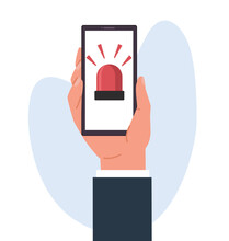 Concept Of Important Message Or Alert, Red Flashing Sign Of Ambulance Or Firefighters In Smartphone. Siren On Phone Display Screen, Hand Hold Phone With Icon. Cartoon Flat Vector Illustration