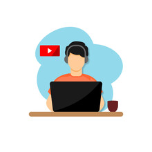 Illustration Of A Man Enjoying Youtube Music On A Laptop,