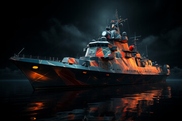 Poster - An abstract geometric representation of a battleship, showcasing a combination of angular shapes and bold colors. Generative AI technology.
