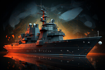 Poster - An abstract geometric representation of a battleship, showcasing a combination of angular shapes and bold colors.  Generative AI technology.