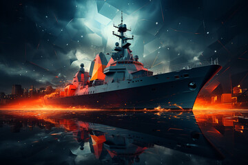Poster - An abstract geometric representation of a battleship, showcasing a combination of angular shapes and bold colors.  Generative AI technology.