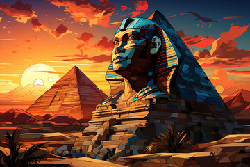 Poster - This image portrays the Great Sphinx in an abstract cubist style.  Generative AI technology.
