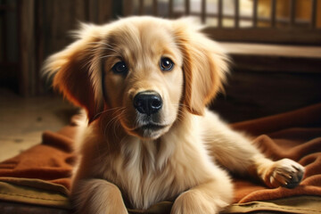 Poster - A golden retriever puppy with its adorable floppy ears and playful expression, symbolizing the timeless appeal of this beloved family pet.  Generative AI technology.