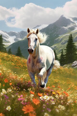 Poster - A majestic horse galloping freely in a scenic meadow, capturing the beauty and grace of these magnificent creatures. Generative AI technology.