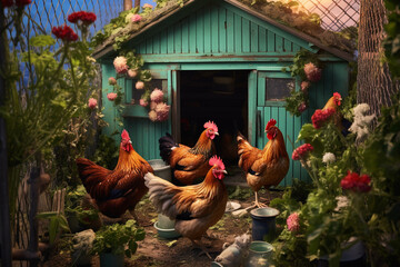 Poster - A group of chickens pecking around in a backyard coop, representing the rising trend of urban farming and sustainable egg production. Generative AI technology.