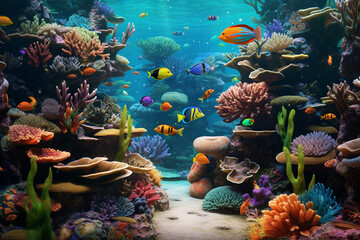 Aufkleber - A colorful aquarium teeming with tropical fish and vibrant coral, capturing the beauty and tranquility of keeping aquatic pets.  Generative AI technology.
