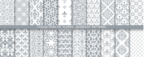 Naklejka na meble Geometric floral set of seamless patterns. White and gray vector backgrounds. Damask graphic ornaments