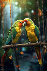 Poster - A pair of parakeets perched on a swing in their cage, showcasing the charm and lively nature of these popular pet birds. Generative AI technology.