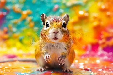 Poster - An vibrant photograph of a Gerbil splashed in bright paint, contemporary colors and mood social background. Generative AI technology.