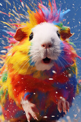 Poster - An abstract surreal photograph of a Guinea pig splashed in bright paint, contemporary colors and mood social background. Generative AI technology.