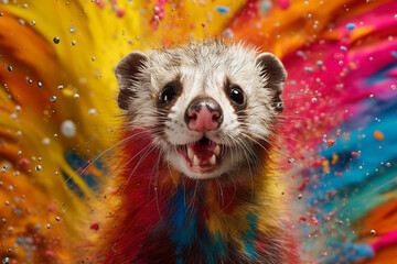 Poster -  An vibrant photograph of a Ferret splashed in bright paint, contemporary colors and mood social background. Generative AI technology.