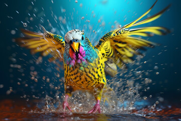 Aufkleber - An vibrant photograph of a Budgerigar splashed in bright paint, contemporary colors and mood social background. Generative AI technology.