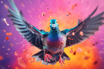 Aufkleber - An vibrant photograph of a Pigeon splashed in bright paint, contemporary colors and mood social background. Generative AI technology.