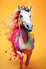 Poster - An abstract surreal photograph of a Pony splashed in bright paint, contemporary colors and mood social background.  Generative AI technology.