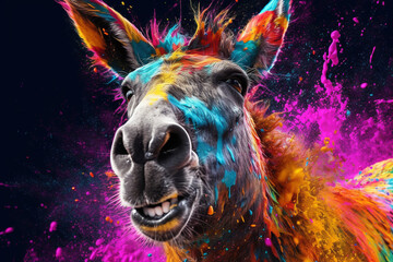 Poster - An vibrant photograph of a Donkey splashed in bright paint, contemporary colors and mood social background.  Generative AI technology.