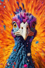 Poster - An abstract surreal photograph of a Guinea fowl splashed in bright paint, contemporary colors and mood social background.  Generative AI technology.