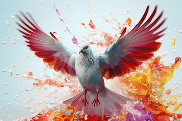 Wall Mural - An vibrant photograph of a Dove splashed in bright paint, contemporary colors and mood social background.  Generative AI technology.